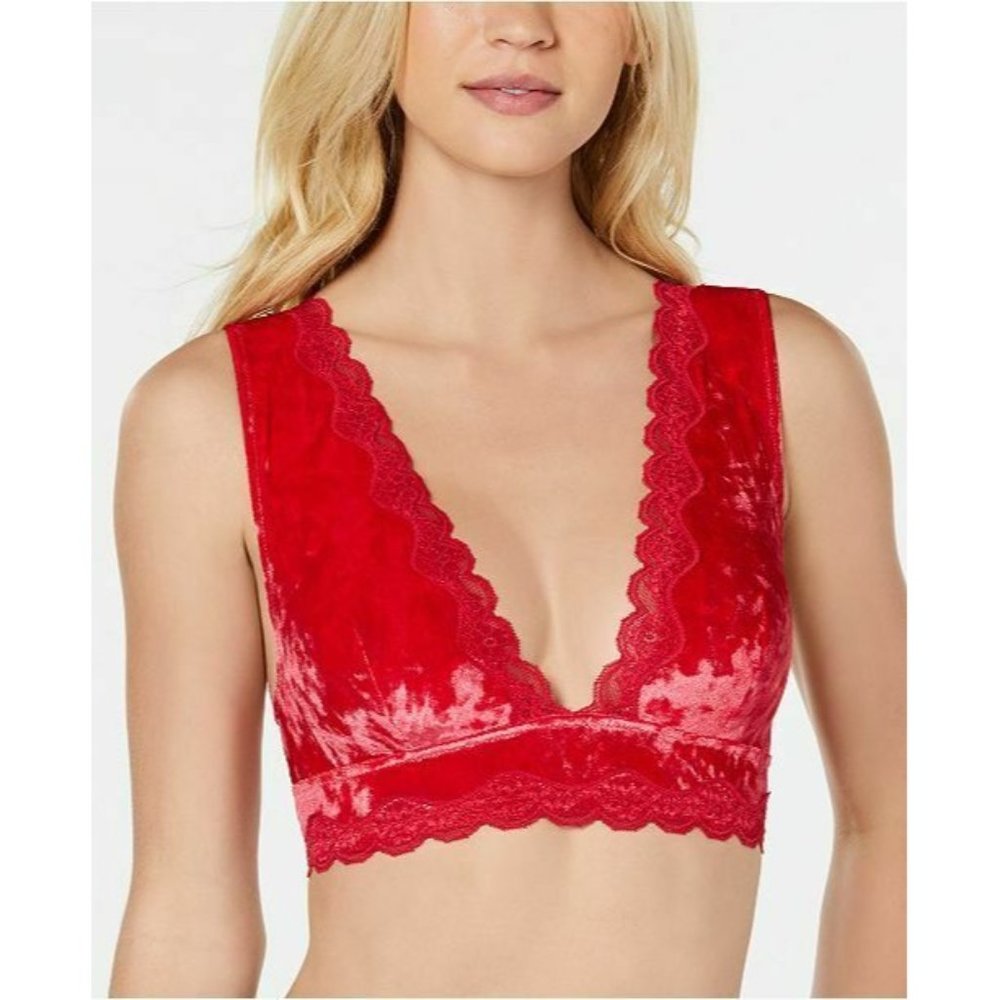 INC Velvet & Lace Bralette Bra Cherry Red Camisole Stretch Wireless Size XL